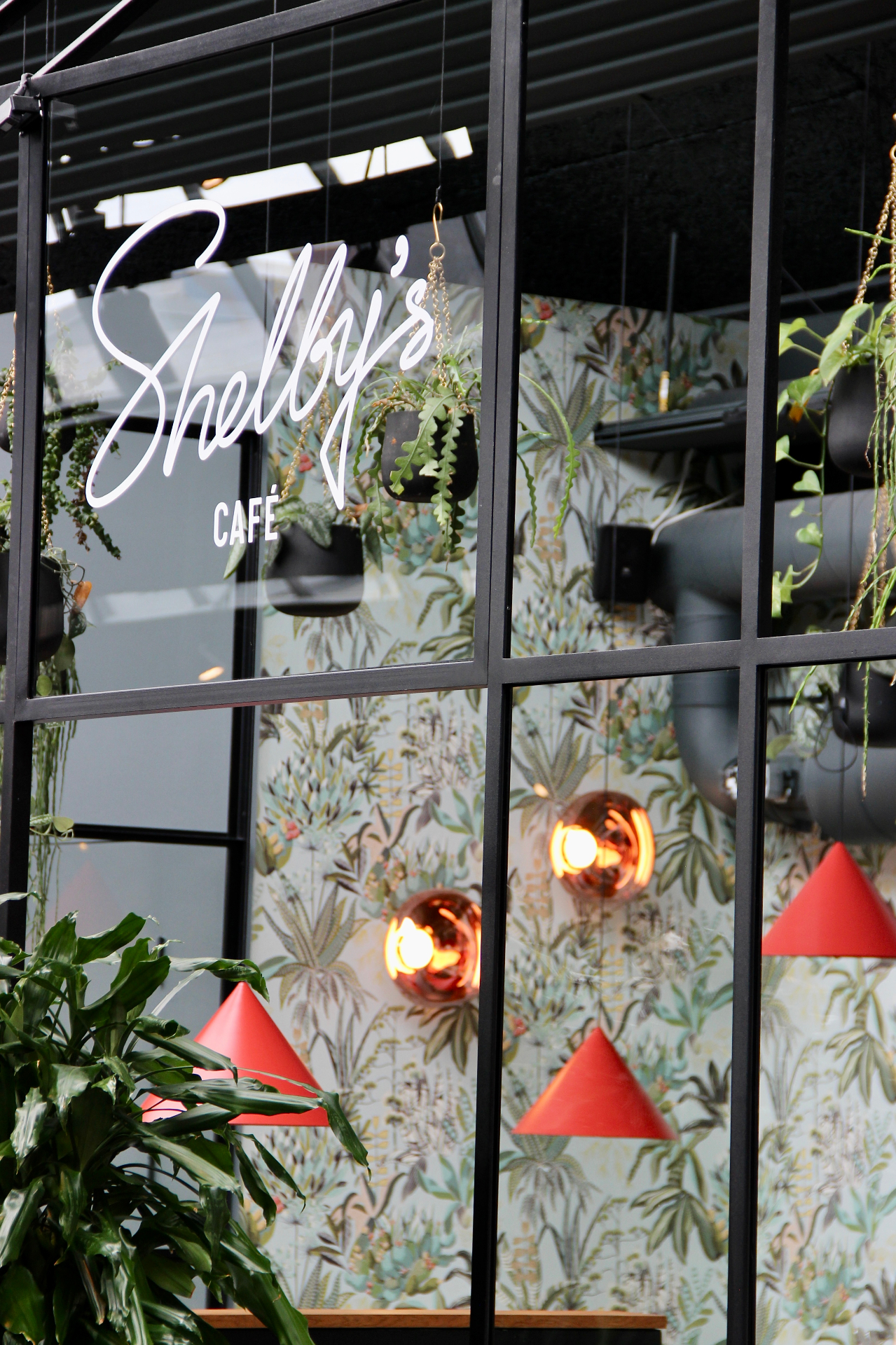 Shelby's Café orangeri set udefra gennem sortmalede vinduespartier med planter og røde lamper